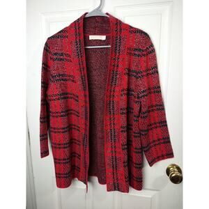Christina Women's L Sweater Red Plaid Shimmer Pullon 3/4 Sleeve Cardigan